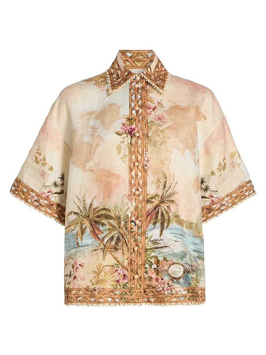 Women's Mahon Island Print Linen Shirt - Island Map Blue - Size 6