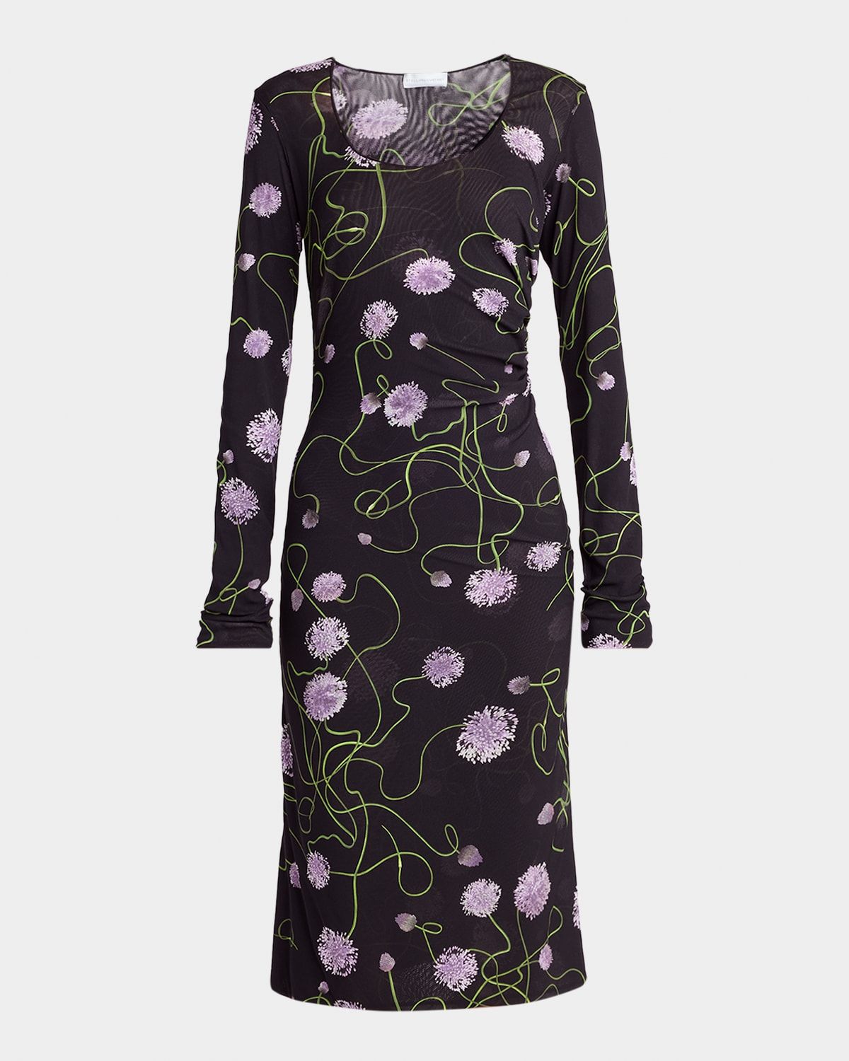 Twisted Flower-Print Ruched Mesh Long-Sleeve Dress