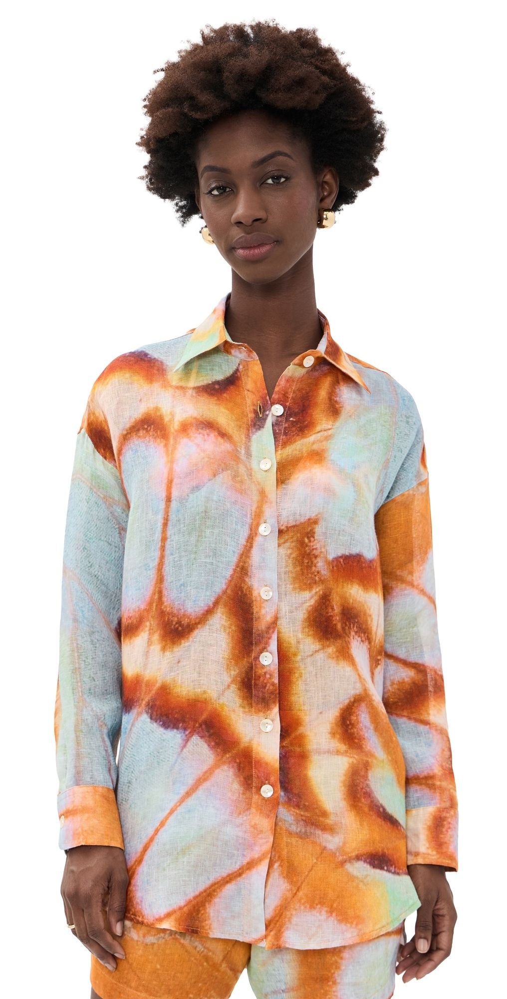 Vitamin A Playa Linen Boyfriend Shirt MALACHITE BUTTERFLY XS