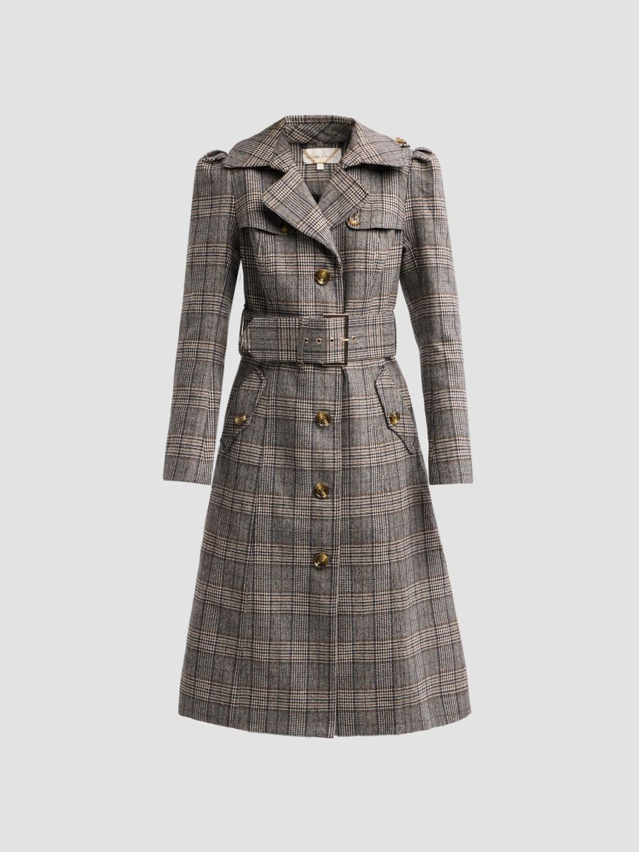 Cara Cara Women's Tudor Plaid Belted Trench Coat - Keighly Plaid Grey - Size XS