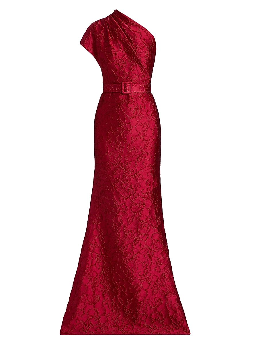 Women's Floral Jacquard One-Shoulder Belted Gown - Ruby - Size 4