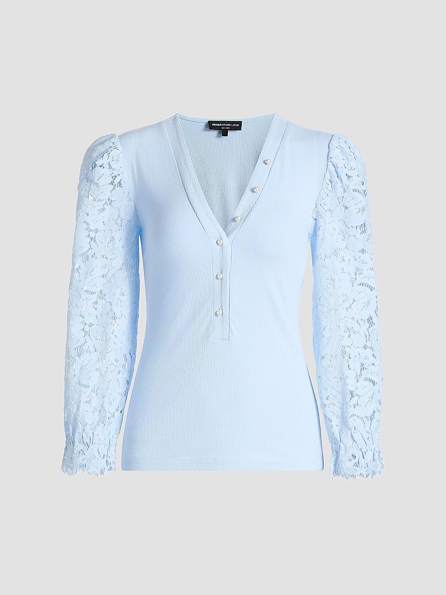 Generation Love Women's Mckenna Puff-Sleeve Lace Henley - Light Blue - Size Small