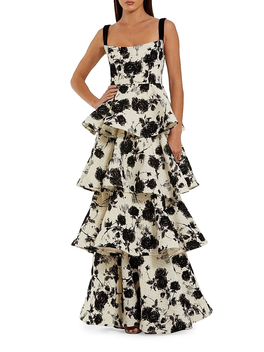 Women's Floral Bouclé Tiered Gown - Black Ivory - Size 14