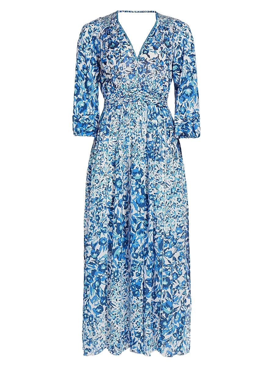 Women's Annabelle Floral Crêpê V-Neck Midi Dress - Blue Nuances - Size Small