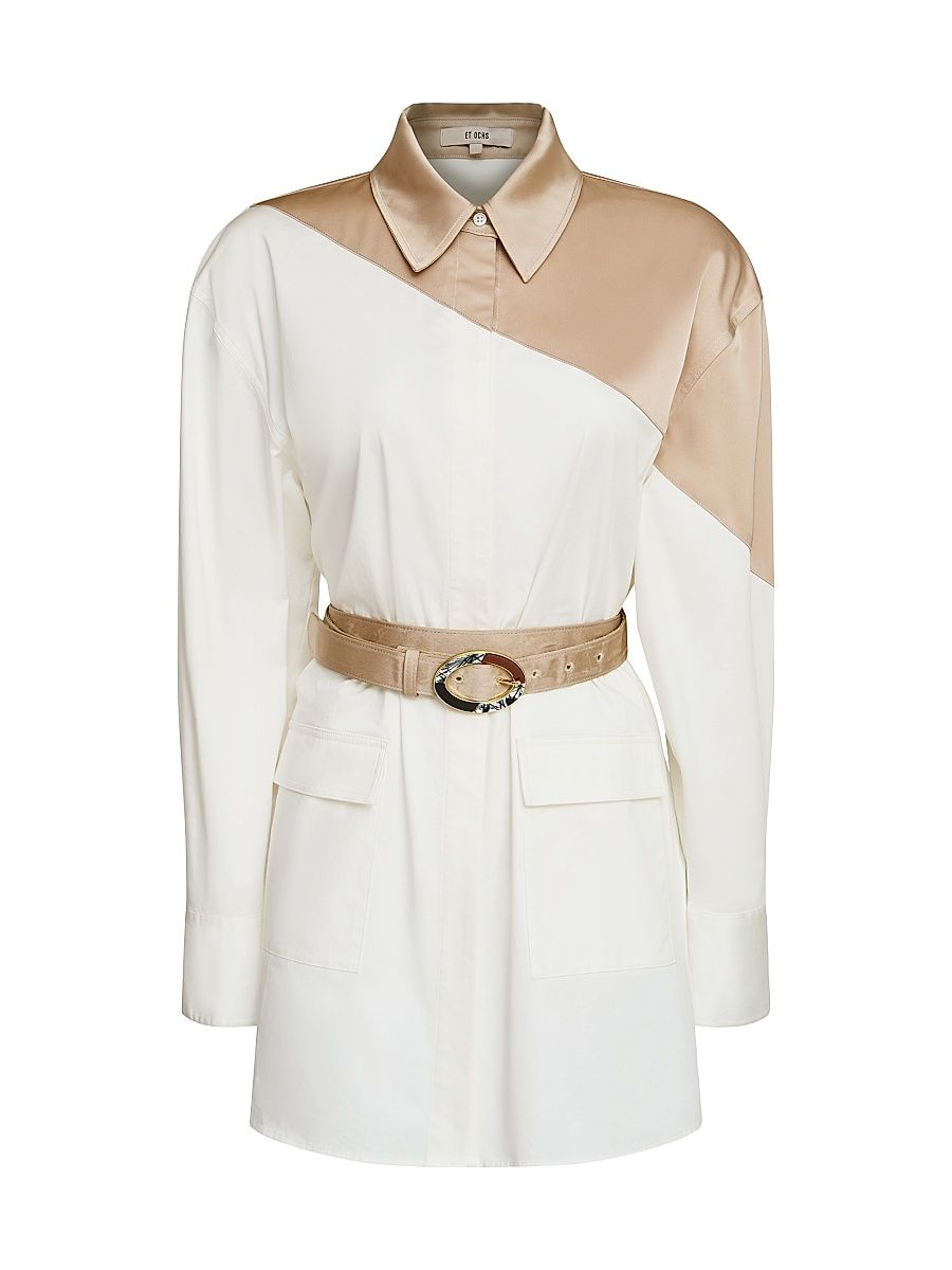 Women's Halle Poplin & Satin Belted Shirt Dress - Vanilla And White - Size XL