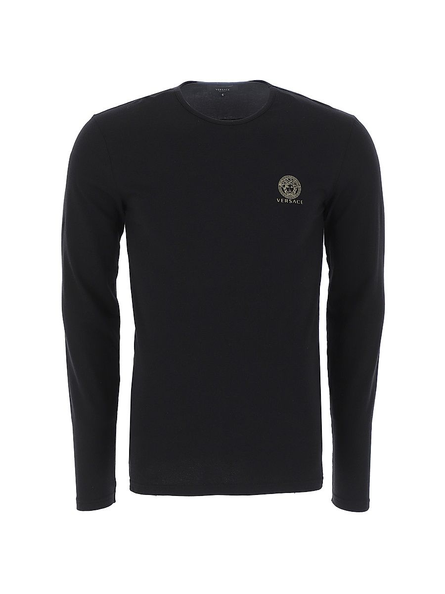 Men's Long-Sleeve Cotton Stretch Crewneck - Nero - Size Medium