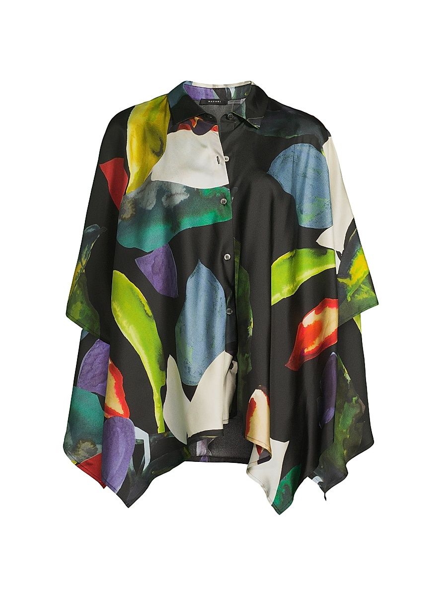 Women's Yoru Silk Twill Caftan Shirt - Black Multi - Size Large