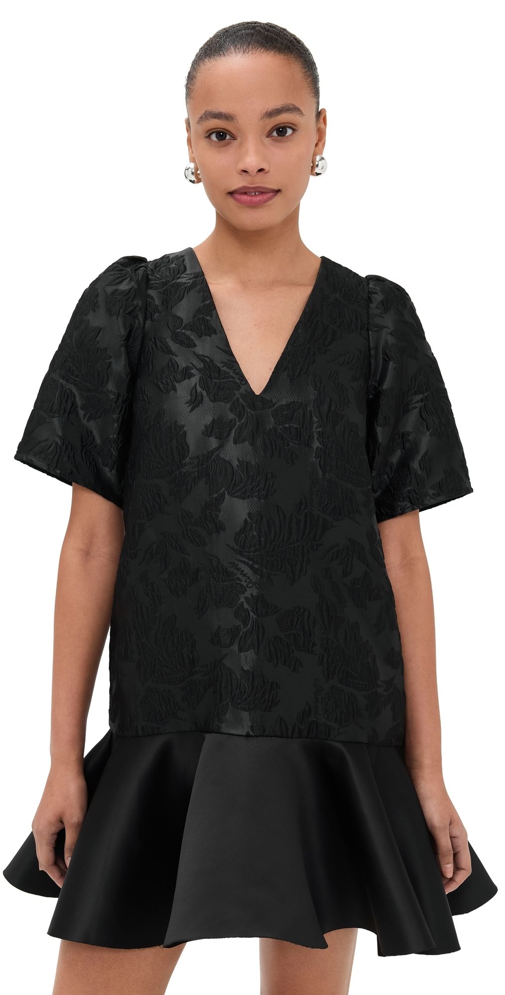 GANNI Satin Cloque Mini V Neck Dress Black 32