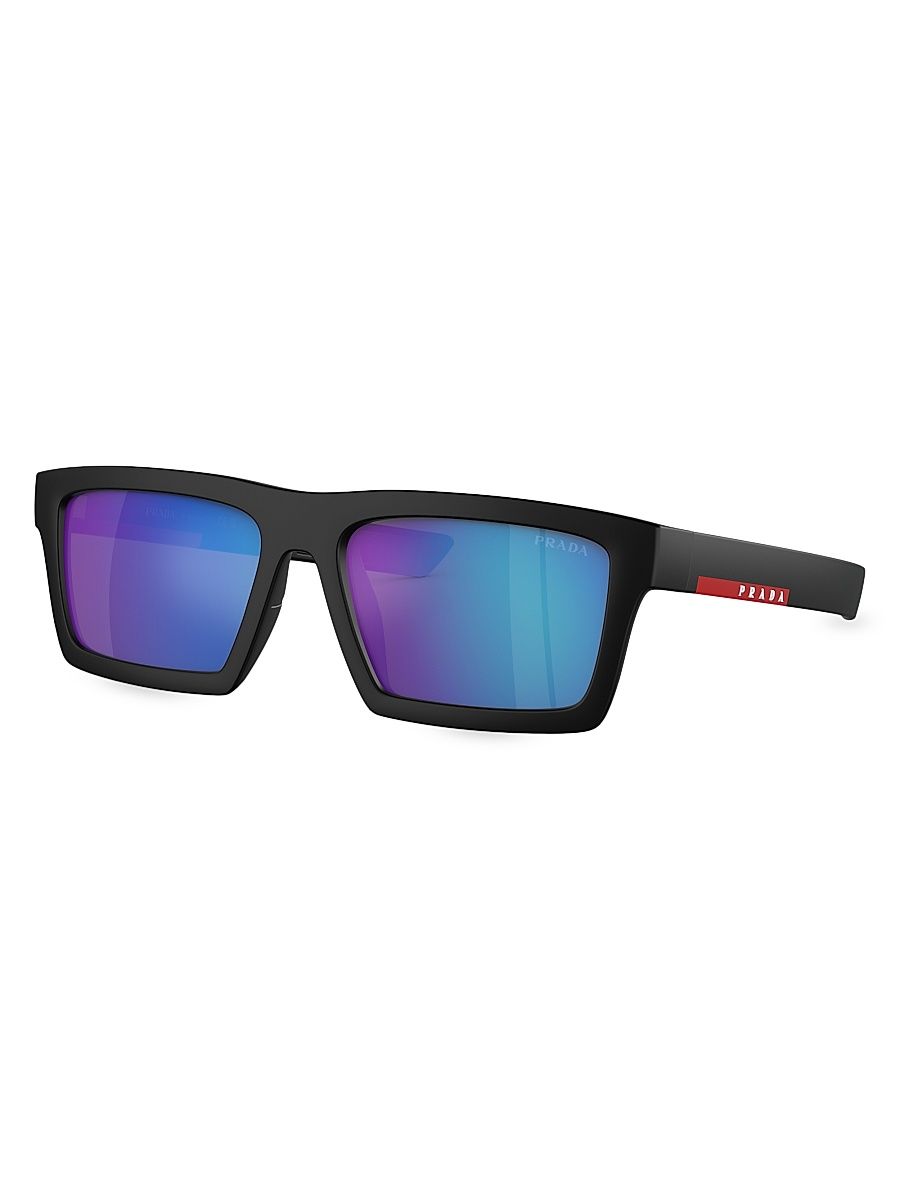 Men's 55MM Rectangular Sunglasses - Matte Black Blue Mirror