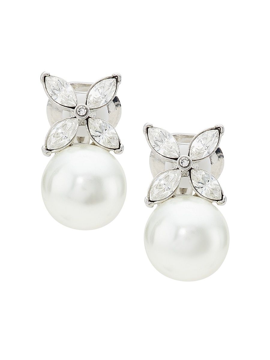 Women's Rhodium-Plated, Glass Crystal, & Faux Pearl Flower Clip-On Earrings - Pearl
