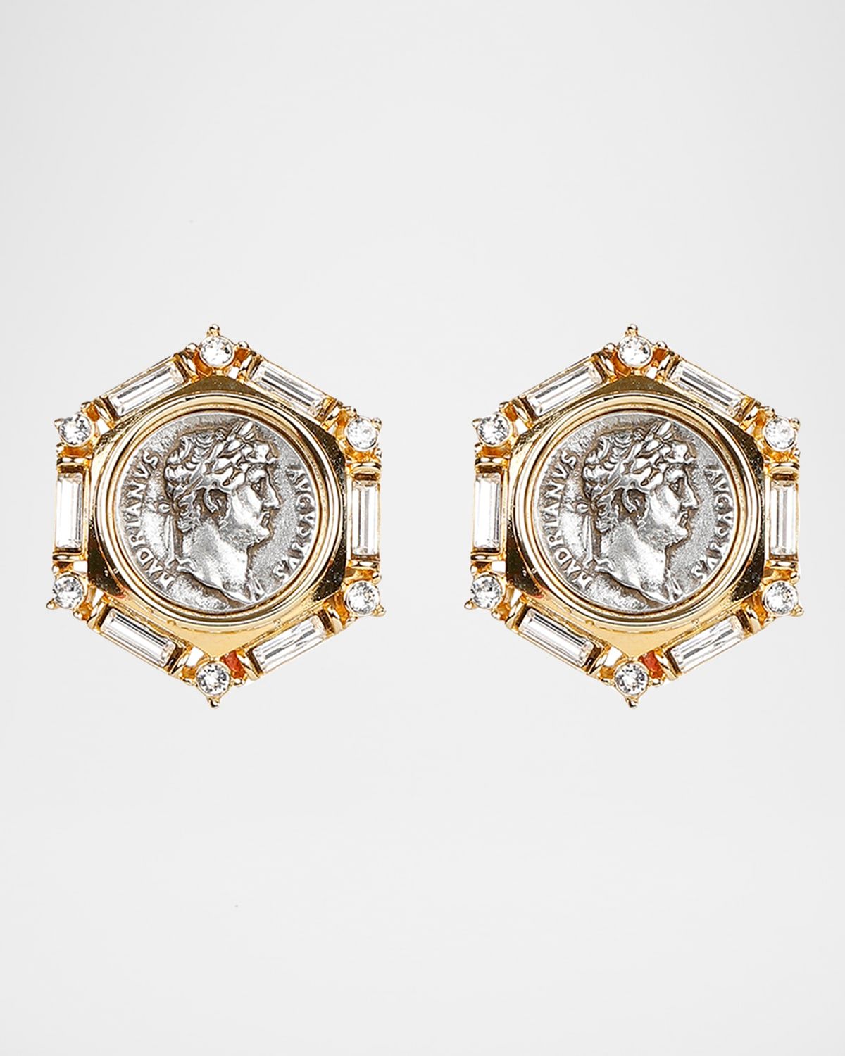 Roman Coin and Crystal Clip Earrings