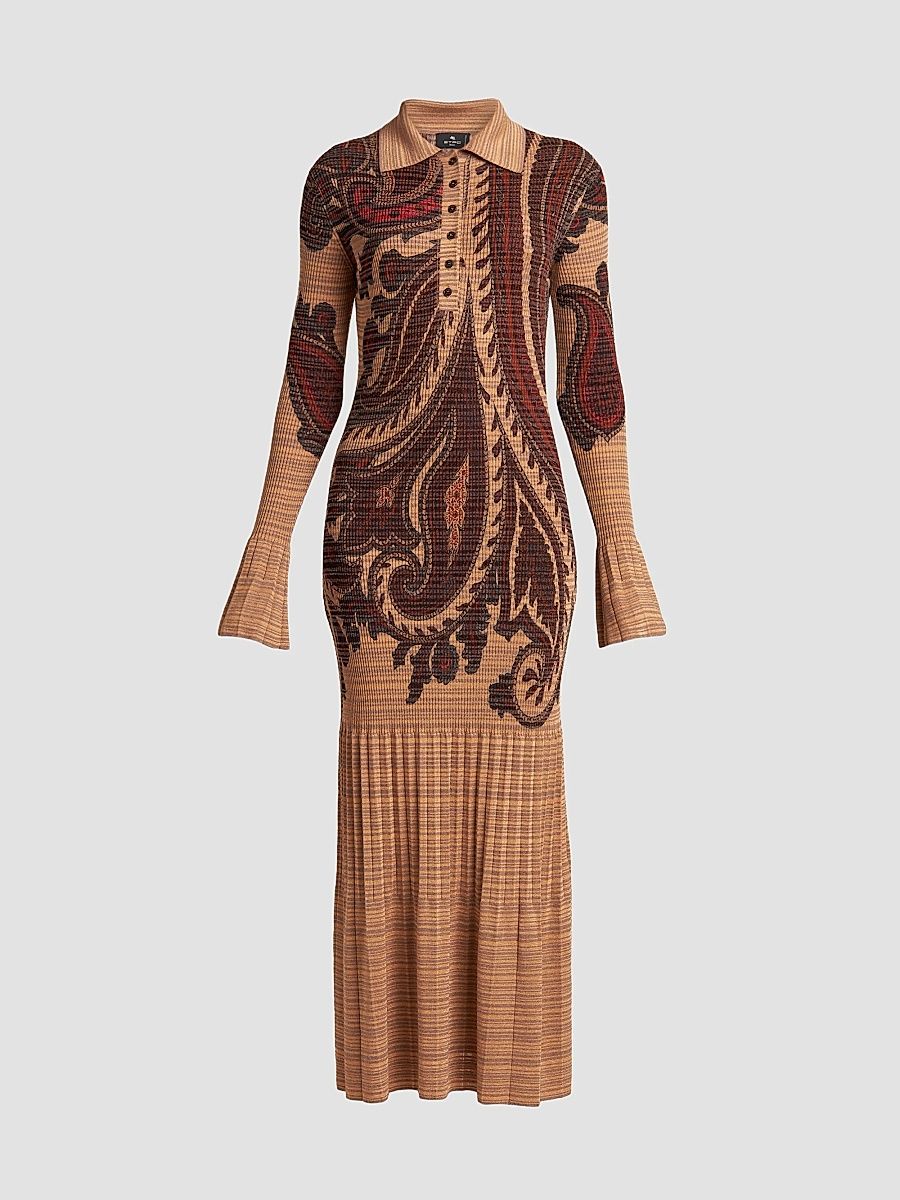 Women's Stamped Paisley Knit Polo Midi Dress - Size 4