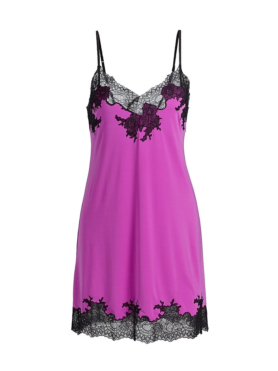 Women's Enchant Floral Lace-Trimmed Chemise - Floret Purple Black Lace - Size Medium
