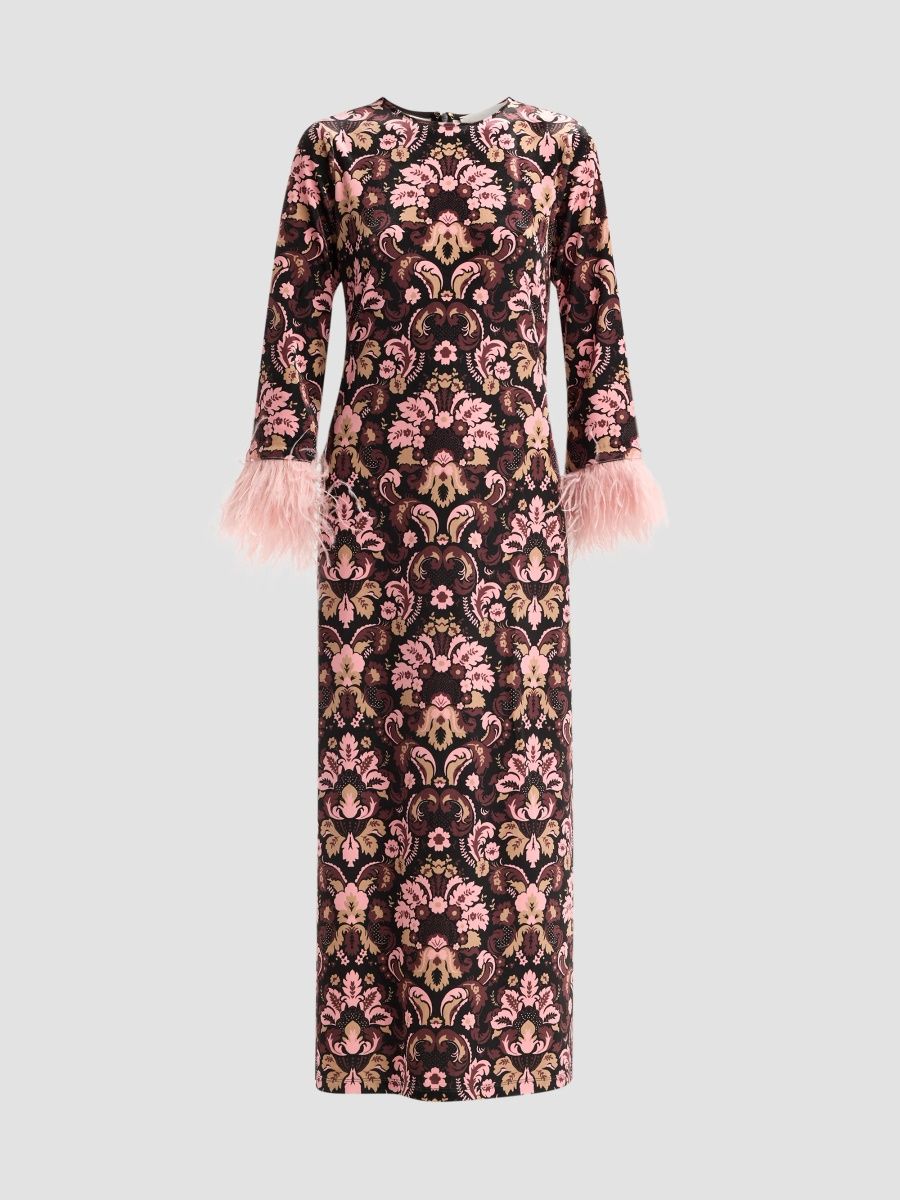Cara Cara Women's Dayna Feather-Cuff Midi Dress - Damask Black - Size XS