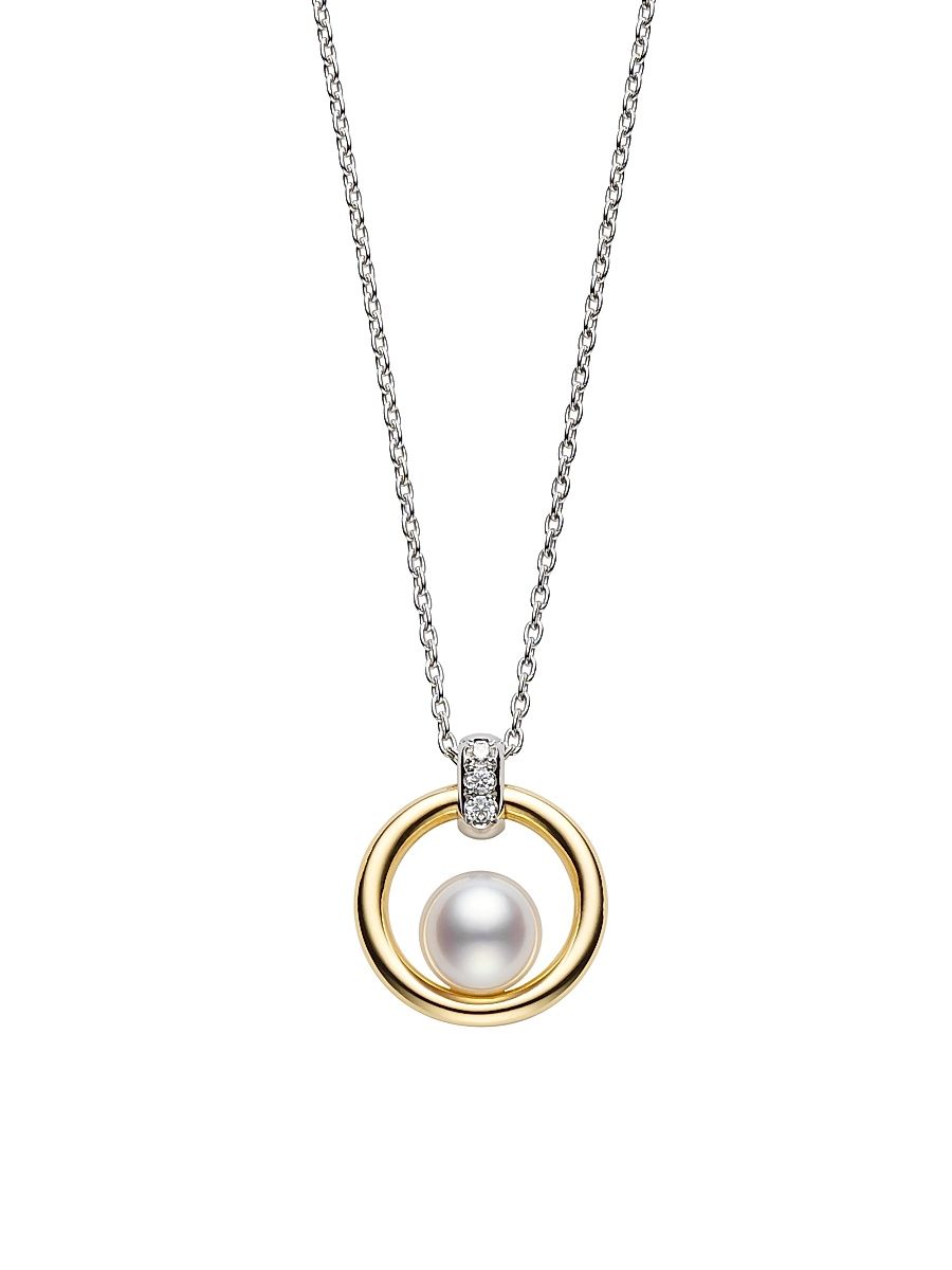 Women's Circle Two-Tone 18K Gold, Diamond & Floating 6MM Cultured Akoya Pearl Pendant Necklace - White Gold