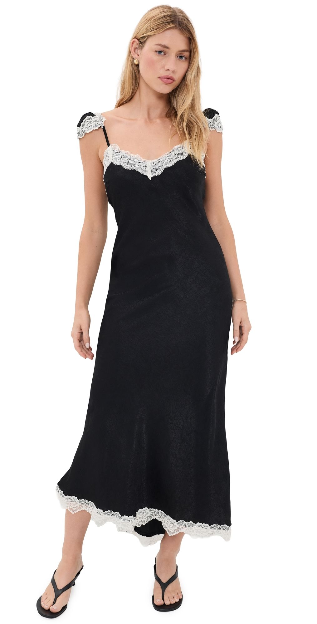 Another Girl Lace Trim Satin Maxi Slip Dress Black M