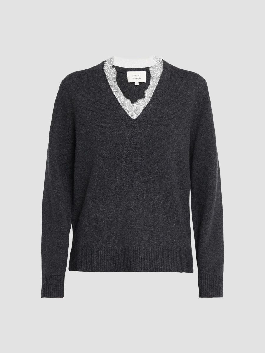 Loulou de Saison Women's Leyla Cashmere Lace-Trim Sweater - Charcoal Ivory - Size XS