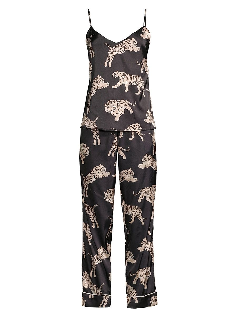Women's Sierra 2-Piece Tiger-Print Satin Pajama Set - Black - Size XL