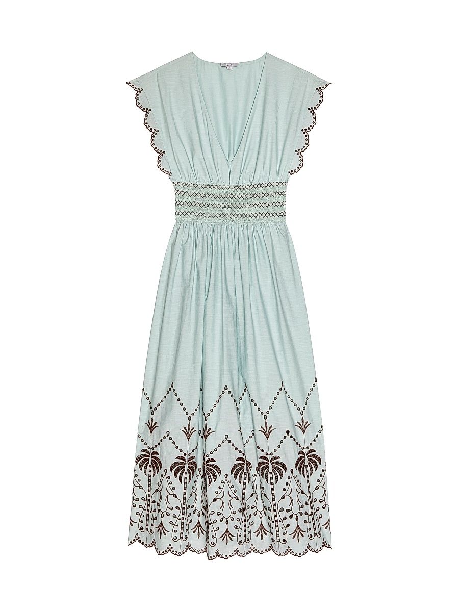 Women's Roxanne Embroidered Cotton Midi-Dress - Ocean Palms Embroidery - Size XS