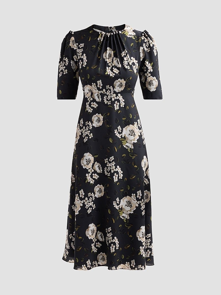 Women's Embellished Floral Cocktail Midi Dress - Black Multi - Size 2