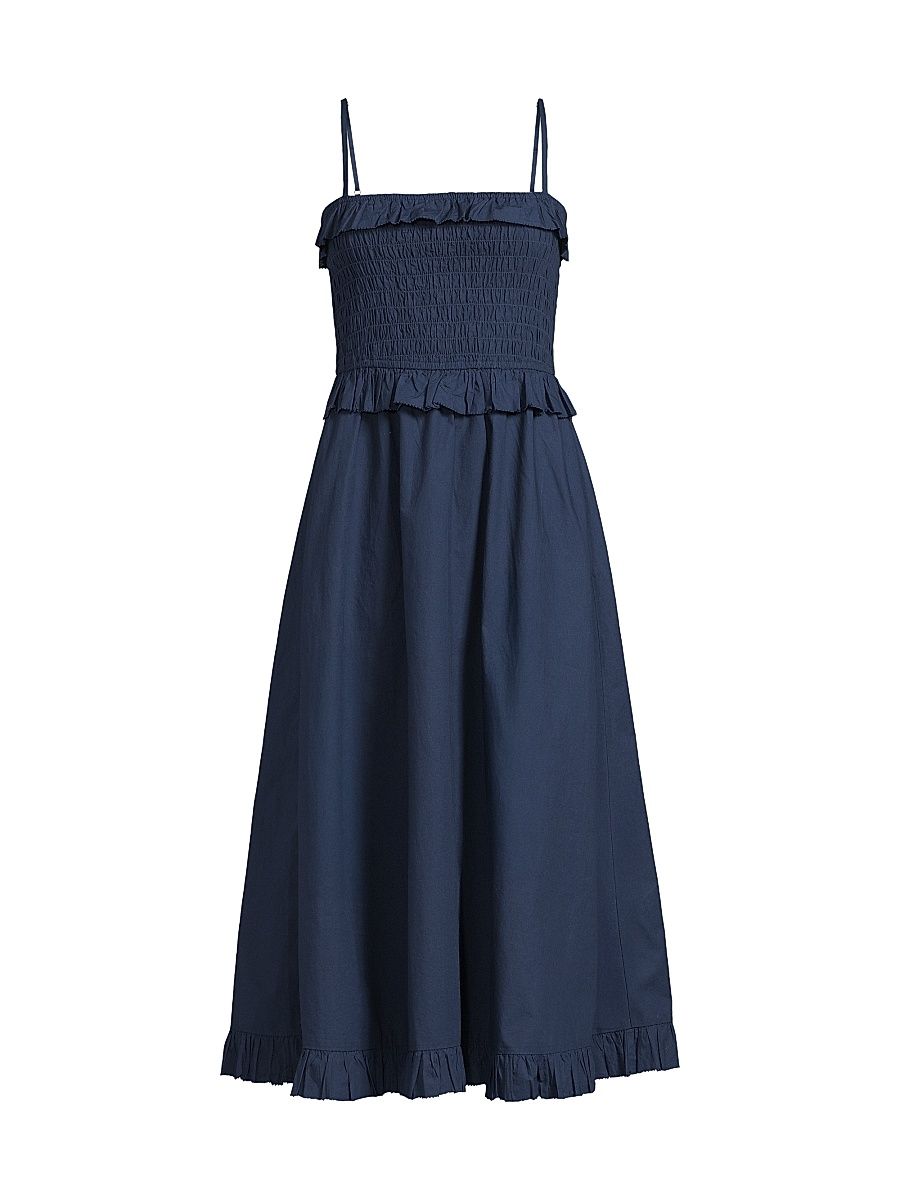 Women's Karine Shirred Cotton Poplin Midi-Dress - Navy - Size XS