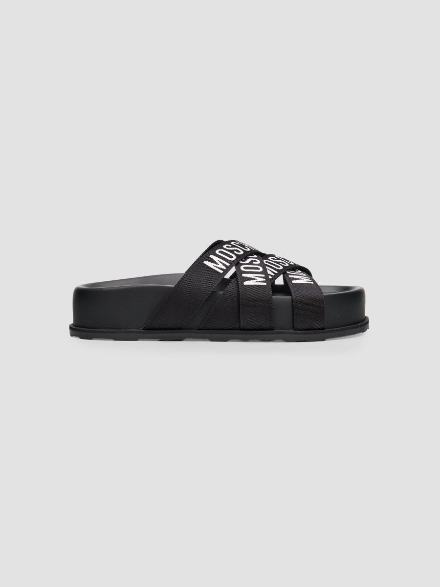 Moschino Women's Sporty Logo Strap Sandals - Black White - Size 5