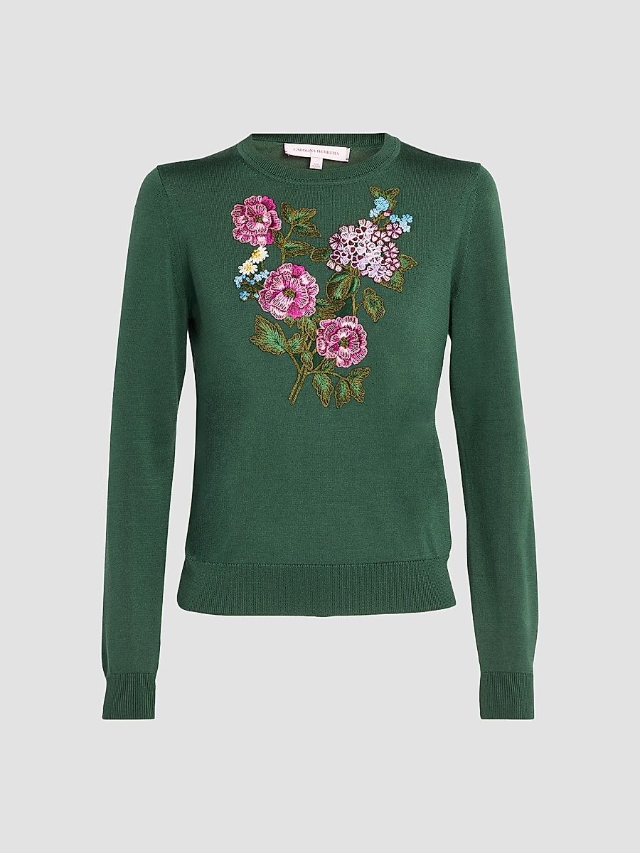Women's Floral-Embroidered Silk-Cotton Crewneck Sweater - Racing Green - Size XL