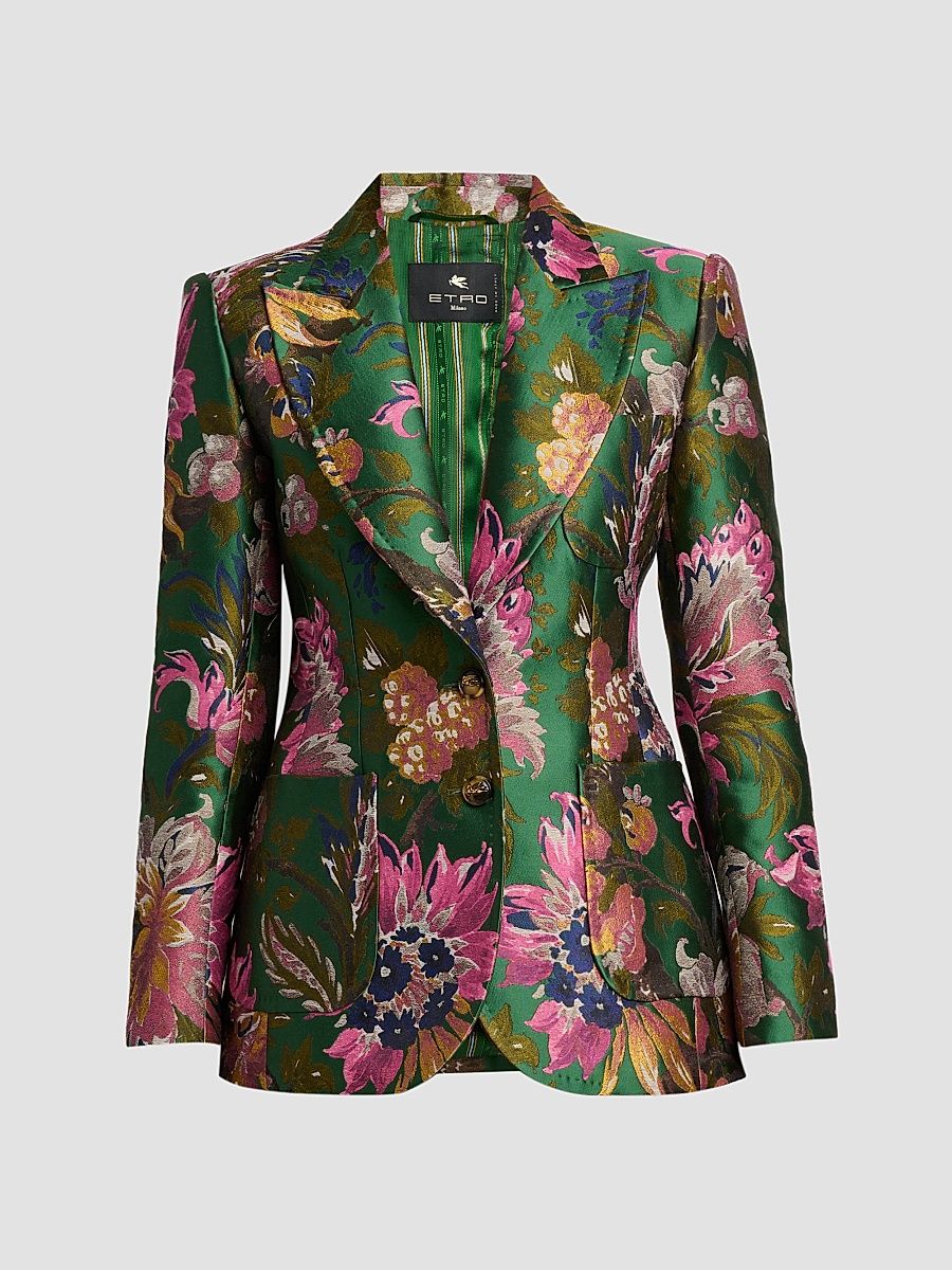 Women's Floral Jacquard Fitted Blazer - Multicolor Green Base - Size 12