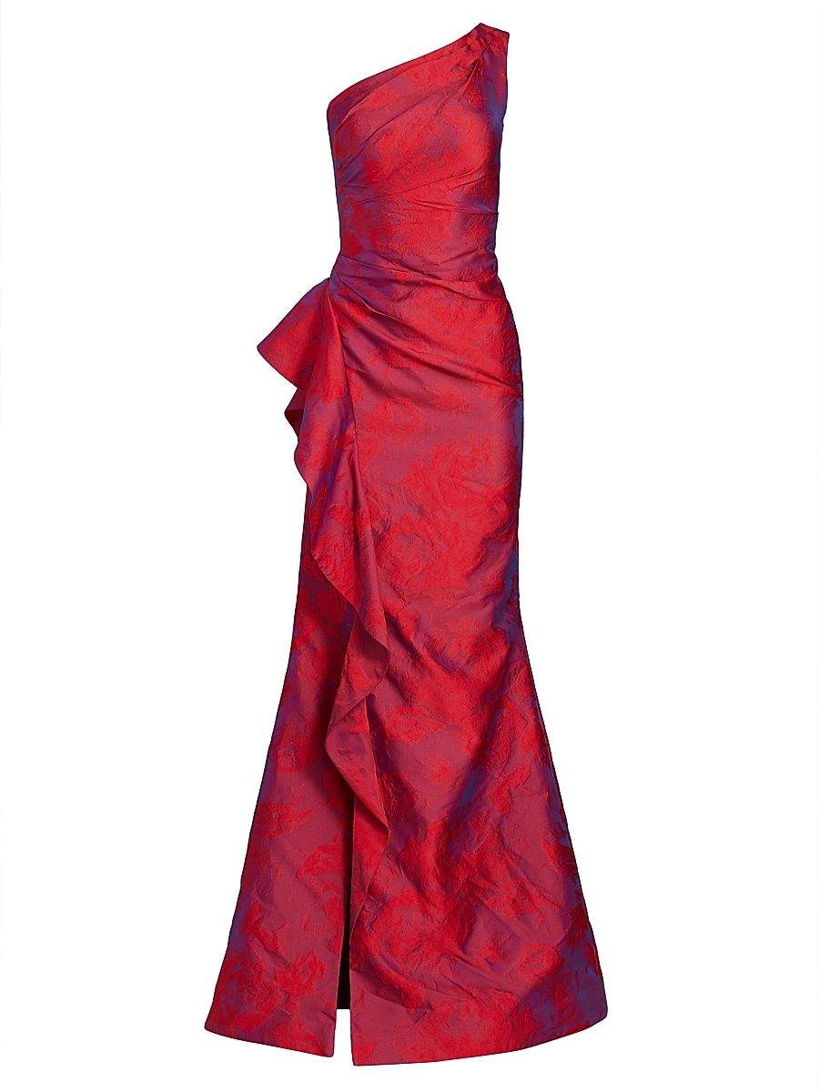 Women's Jacquard One-Shoulder Ruched Gown - Fuchsia Red - Size 16