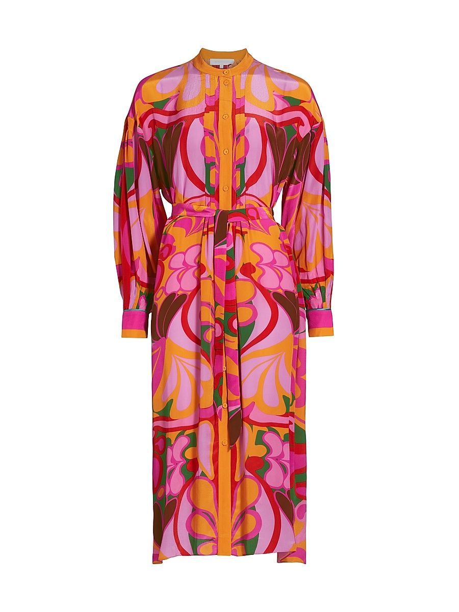 Women's Camila Belted Floral Cotton Crepe Maxi Shirtdress - Seventies Orange - Size 4