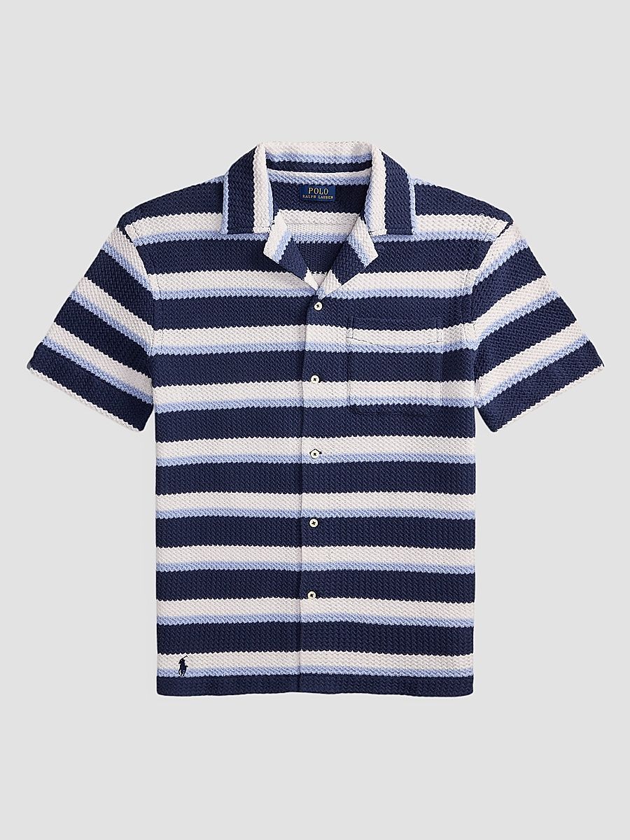 Men's Striped Knit Cotton Camp Shirt - Newport Navy Multi - Size Large