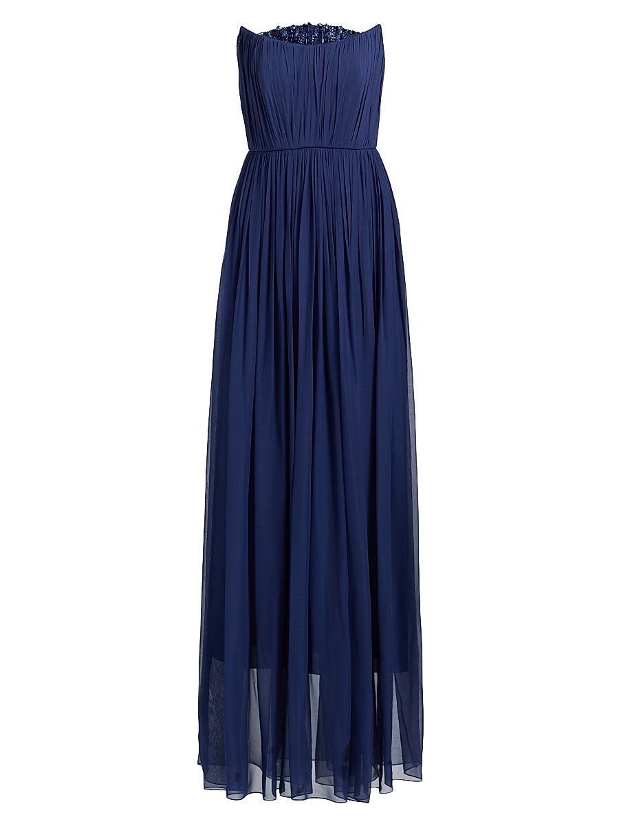 Women's Embellished Silk Chiffon A-Line Gown - Navy - Size 8