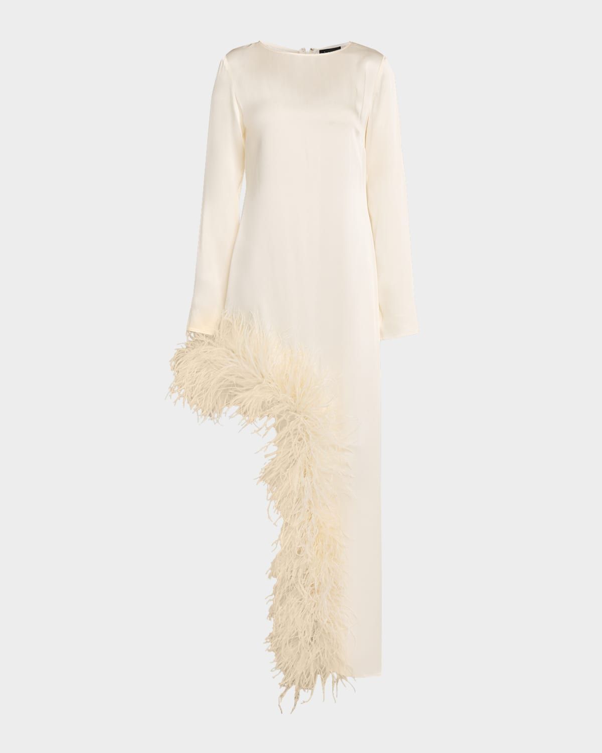 Feather-Trim Asymmetric Long-Sleeve Satin Dress