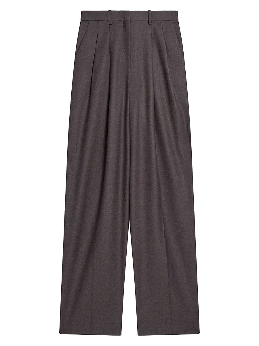 Women's Pleated Wool High-Rise Straight-Leg Pants - Cacao - Size 8