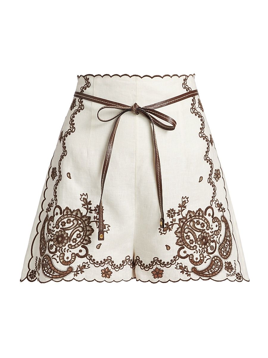 Women's Ascension Embroidered Linen Shorts - Ivory Chocolate - Size 4