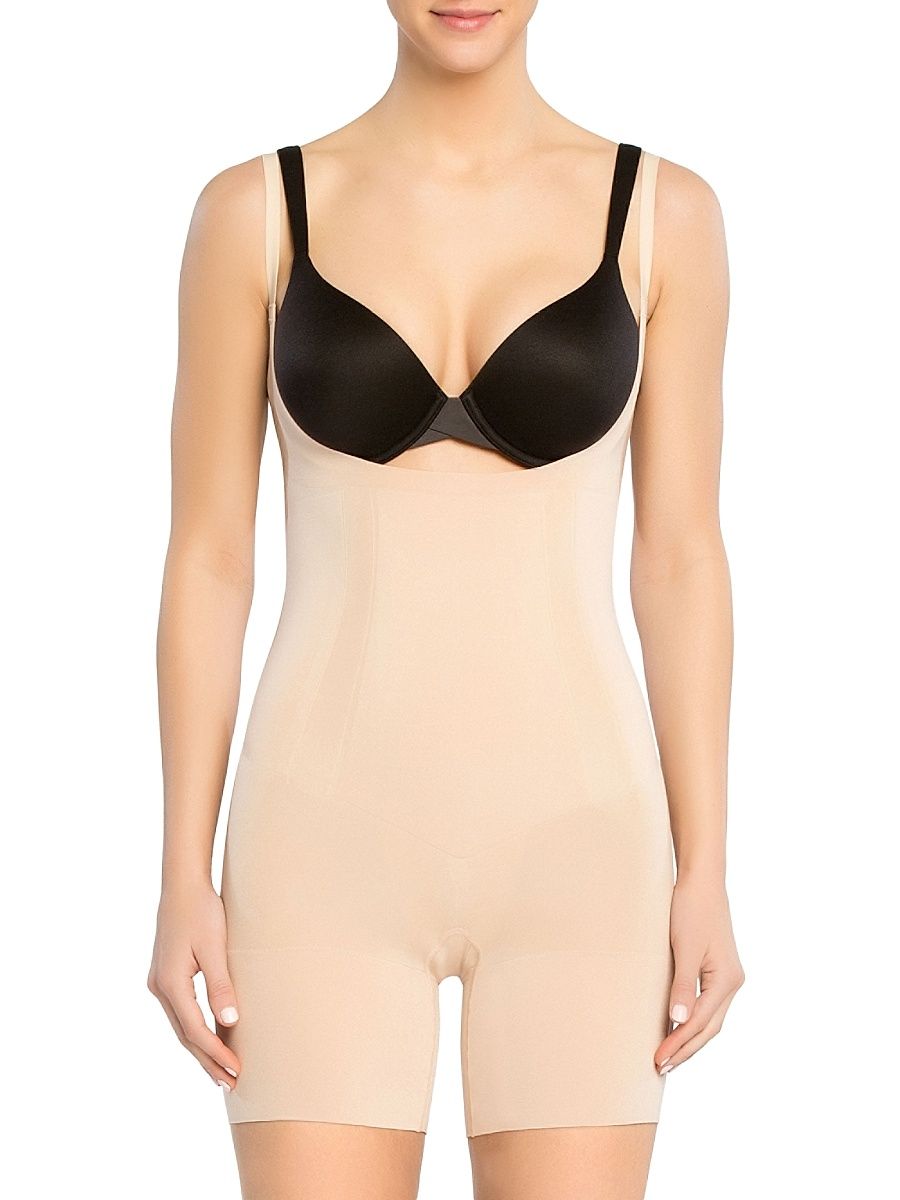 Women's Oncore Open-Bust Mid-Thigh Bodysuit - Soft Beige - Size XS