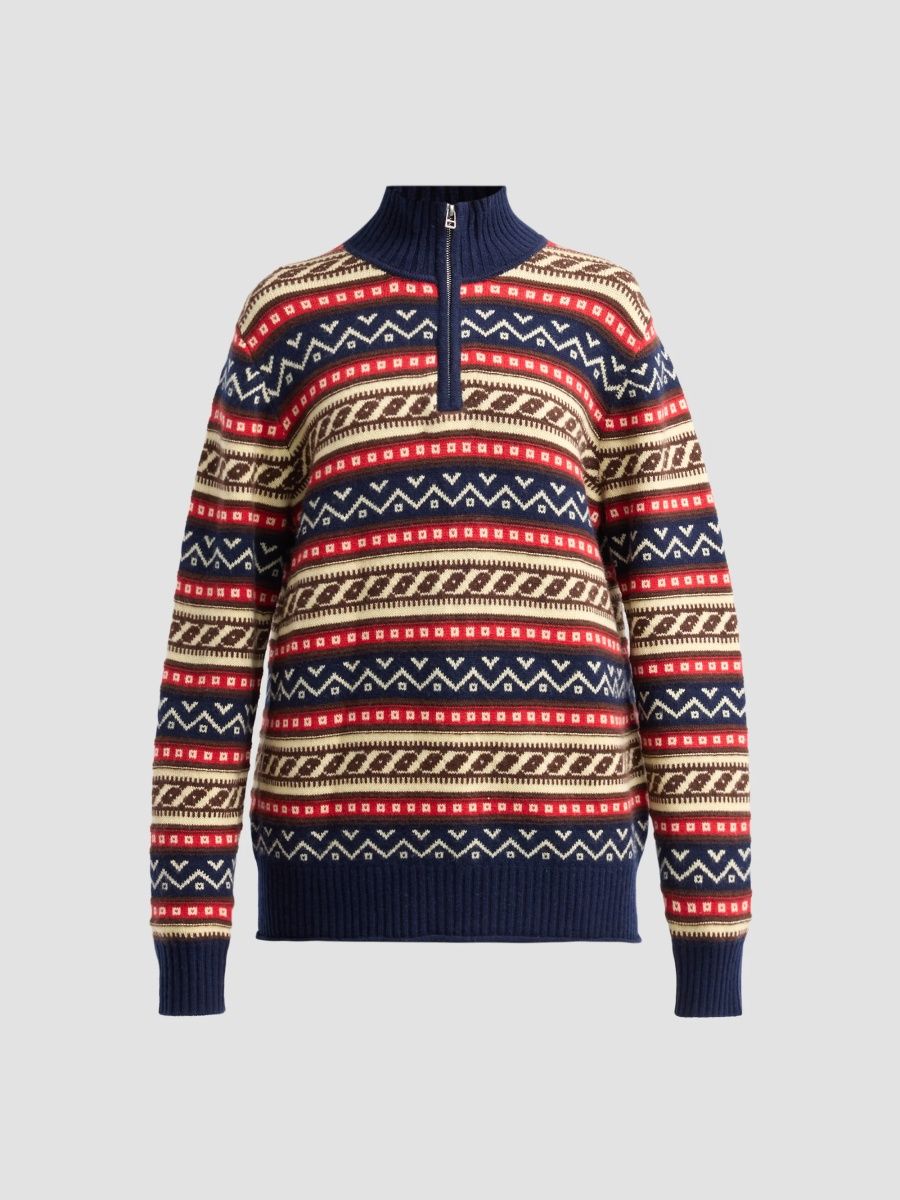 Guest in Residence Women's Fair Isle-Inspired Wool-Cashmere Half-Zip Sweater - Midnight Combo - Size XXS
