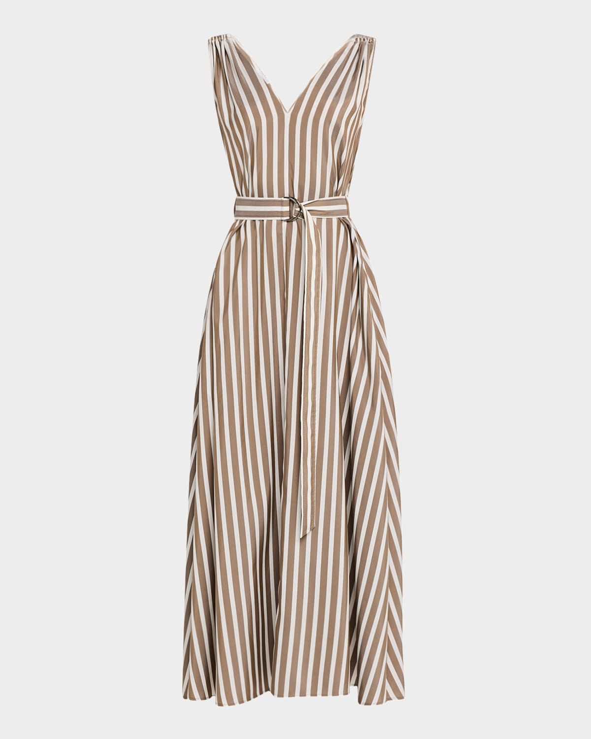 Striped Sleeveless Monili-Shoulder Belted Midi Dress