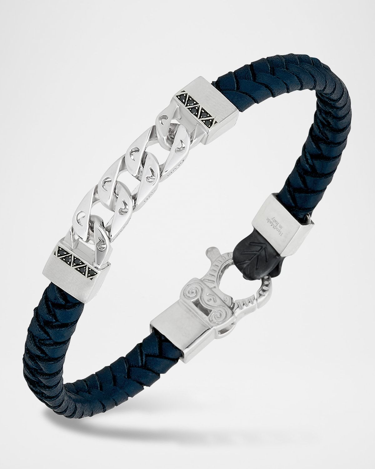 Men & apos;s Flaming Tongue Braided Leather and Silver Bracelet with Black Diamonds