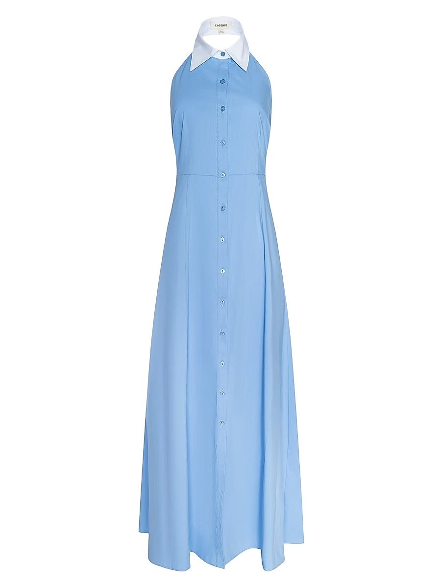 Women's Maurie Cotton Poplin Halter Maxi Dress - Vista Blue White - Size 14