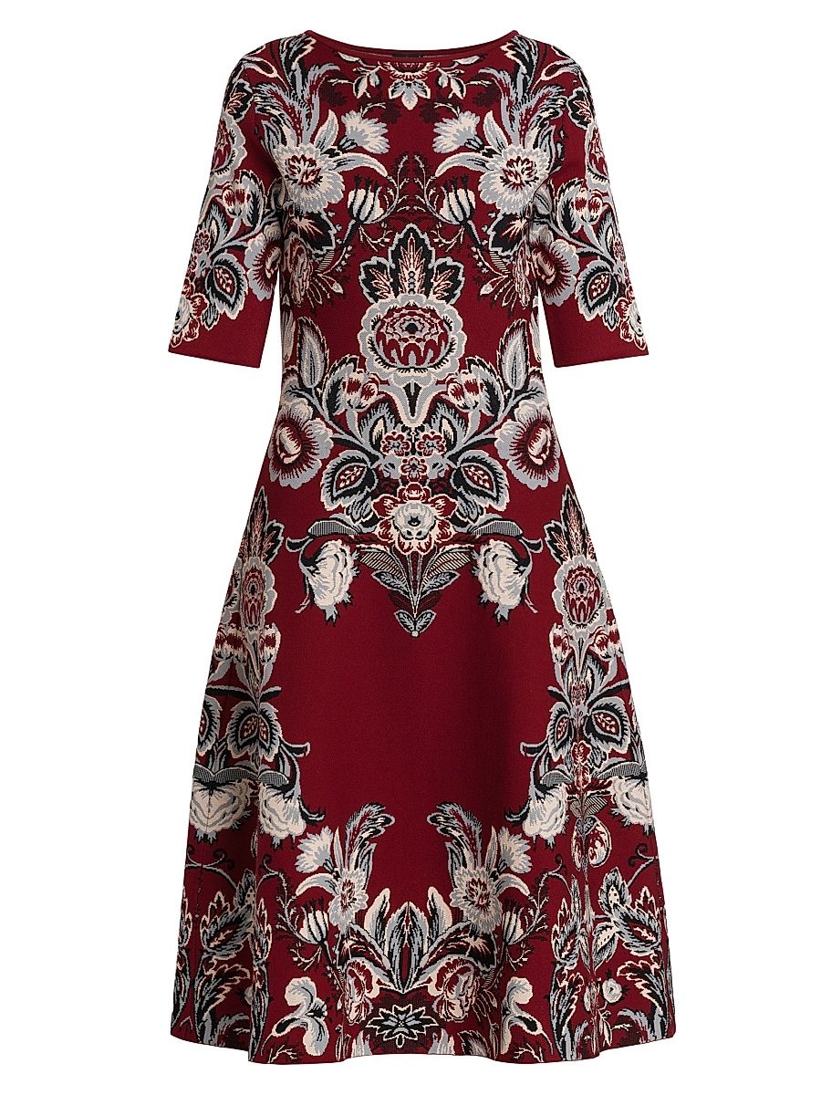 Women's Floral Knit Midi-Dress - Printed Bordeaux Base - Size 12