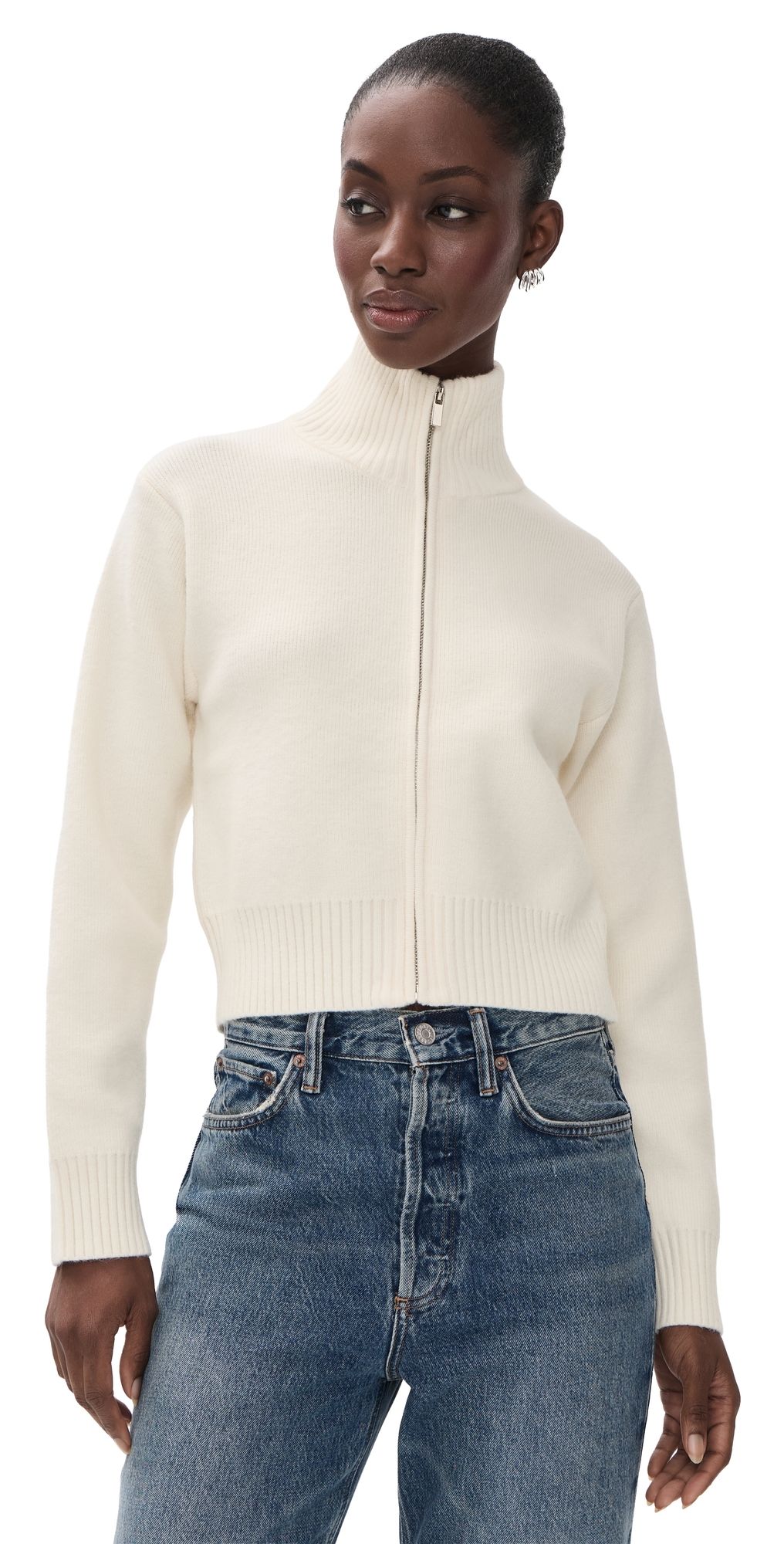 English Factory Zip-Up Funnel Neck Knit Jacket Cream XS