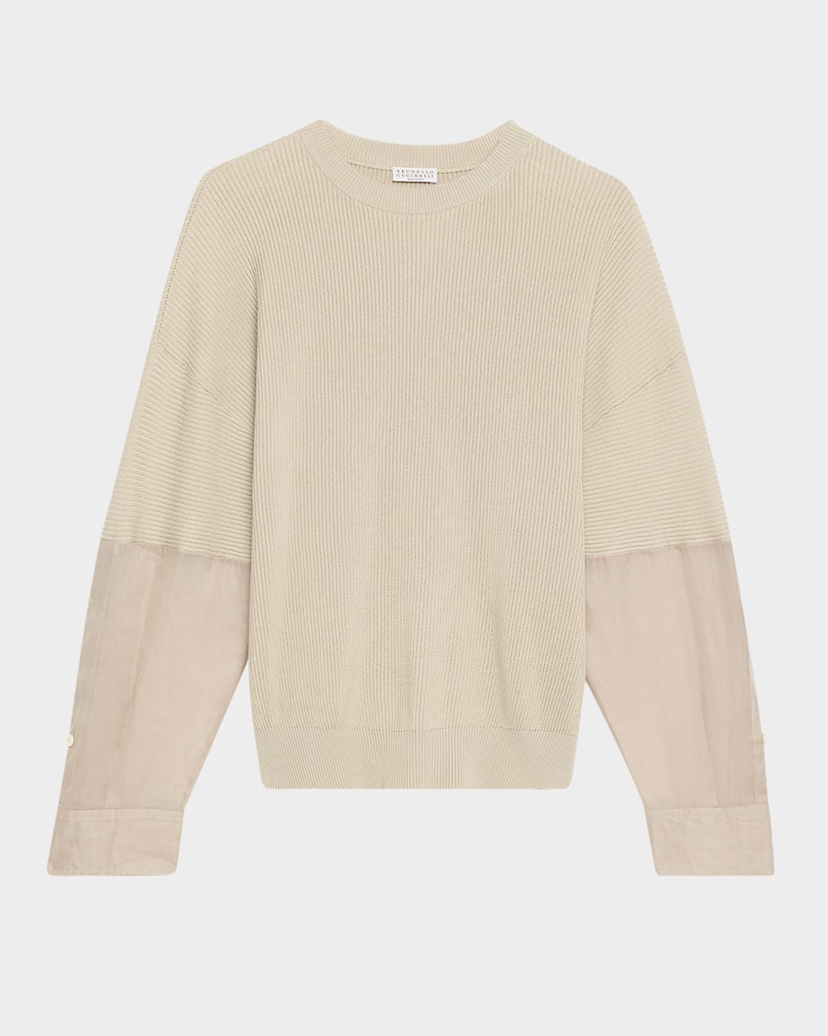 Organza-Sleeve Cotton English Rib Sweater