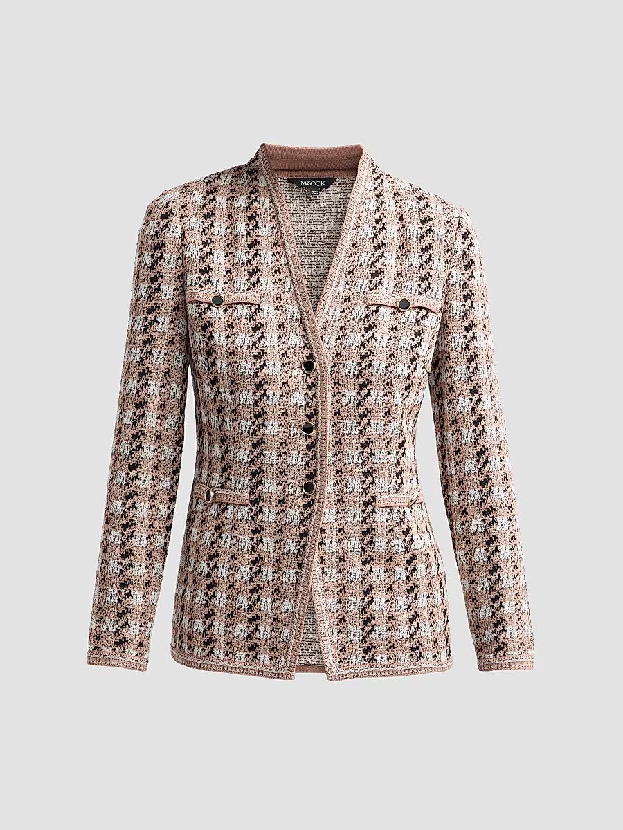 Women's Houndstooth Tailored Tweed Knit Jacket - Charmeuse Biscotti Black - Size XXL