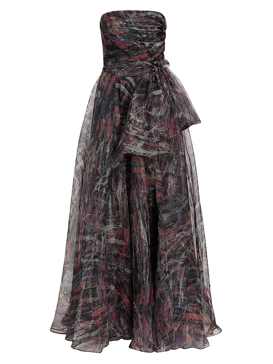 Women's Printed Strapless Organza Gown - Black Multi - Size 16