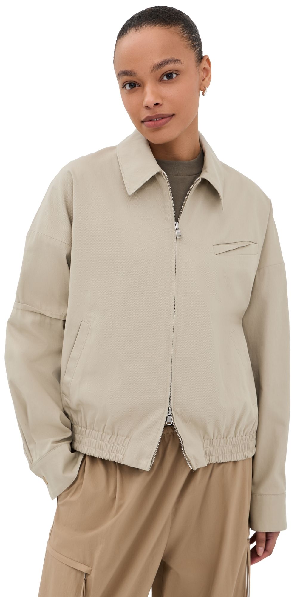 Tibi Luxe Spring Twill Bomber Jacket Taupe S