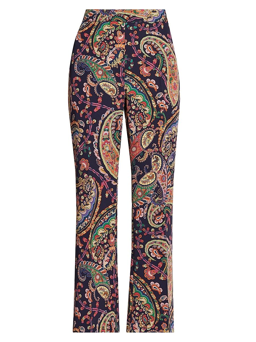 Women's Paisley Silk Bootcut Trousers - Printed Blue Base - Size 14