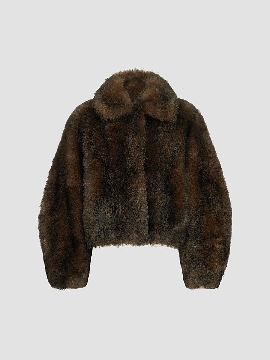 Women's Soft Shearling Outerwear Jacket with Shiny Zipper Pull - Pine Cone Brown - Size 6