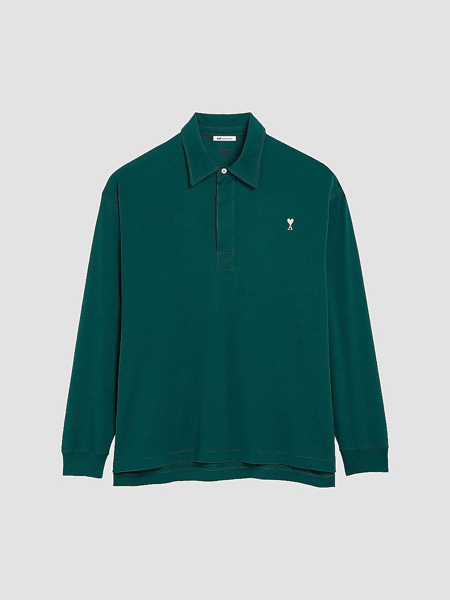 AMI Paris Men's Ami de Coeur Polo Shirt - Vert Sapin Blanc Creme - Size XXL