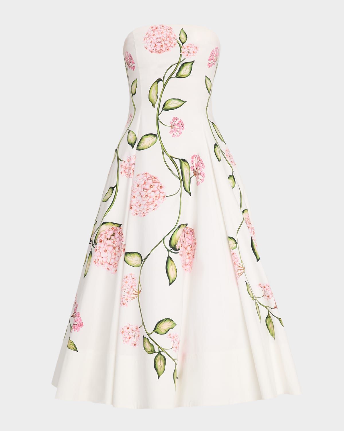 Strapless Porcelain Flowers Cotton Poplin Midi Dress
